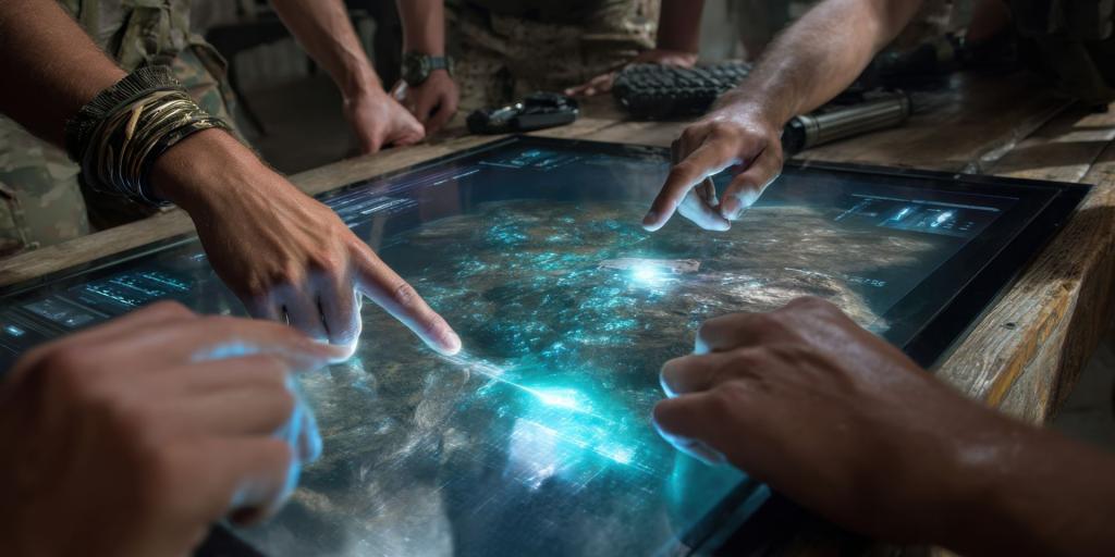 Team in a modern command and control room in front of a large digital interface with strategy diagrams and network graphics