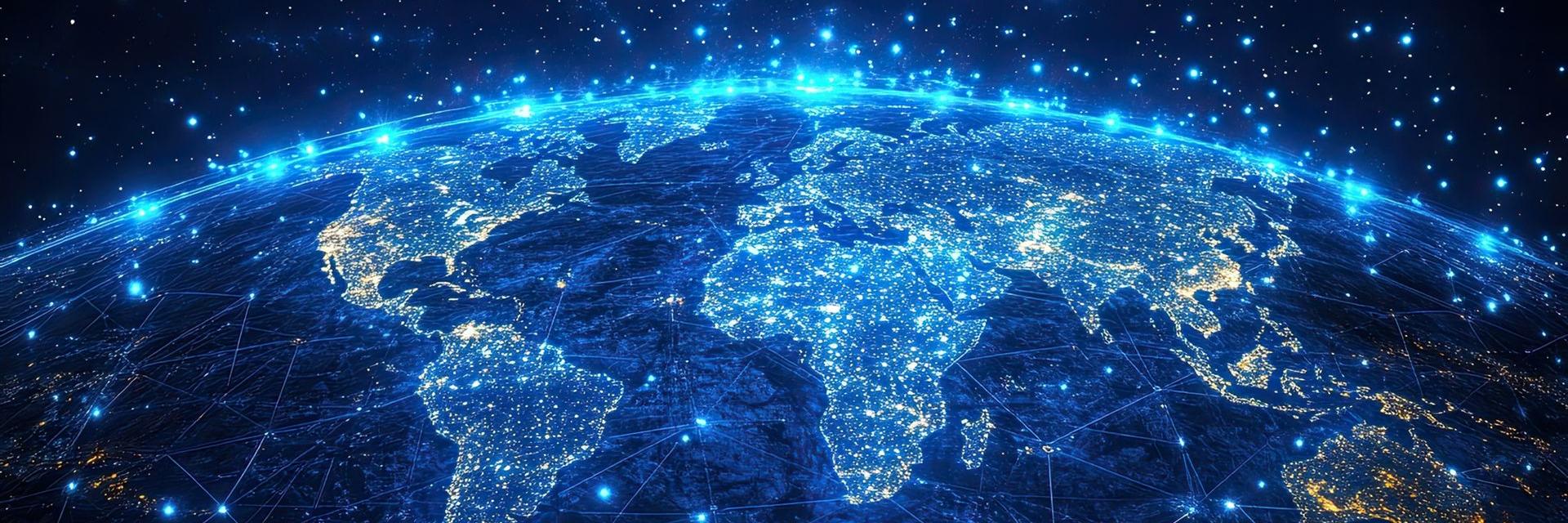 Erde bei Nacht aus dem All: Leuchtende Städte und Netzverbindungen – globale Strategie im Fokus
