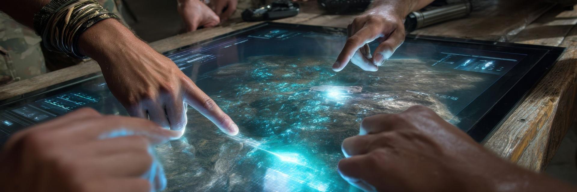 Team in einem modernen Kommando- und Kontrollraum vor einer grossflächigen digitalen Oberfläche mit Strategie-Diagrammen und Vernetzungs-Grafiken